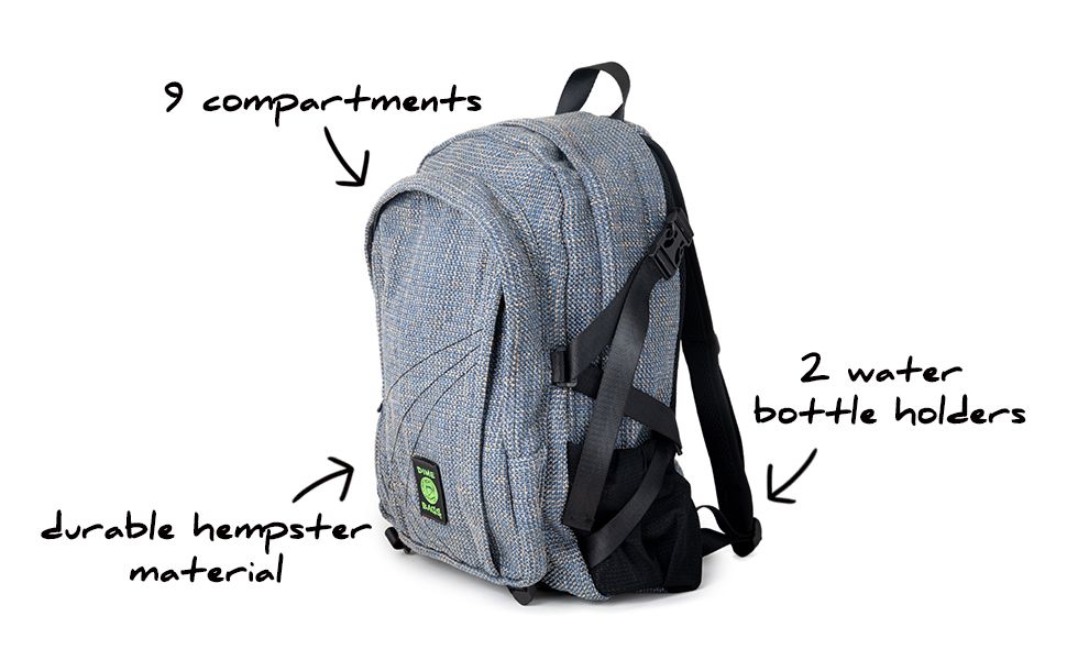 Dime Bags classic hempster backpack with 9 compartments and 2 water bottle holders.